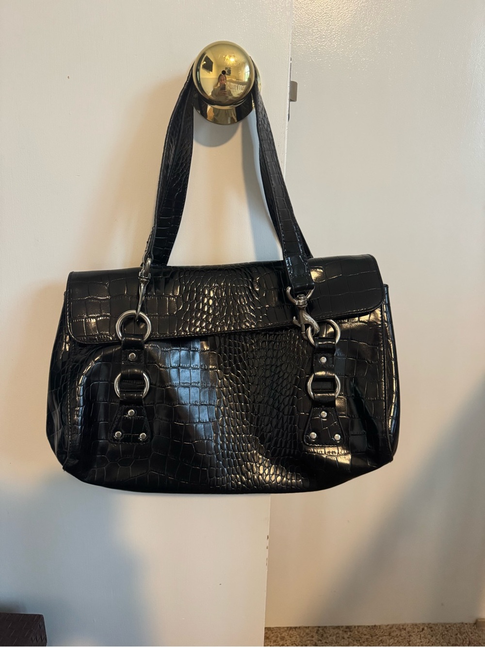 Ralph Lauren Black Croc-Embossed Double-Handle Shoulder Bag